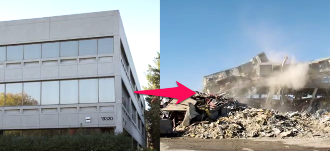 飛び散る窓ガラス、崩れゆくコンクリ…。Apple新本社の建設のため、解体される旧HP本社の動画が公開